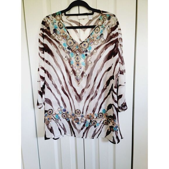 Chicos 1 Sheer V~Neck Top Animal Print‎ w/Brown &  Turquoise Border Jewel Design - Picture 1 of 6